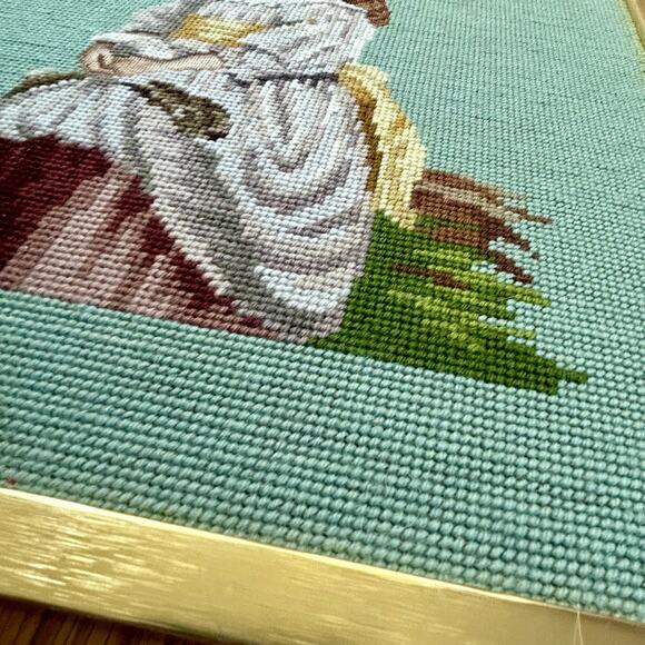Vintage Needlepoint Portrait of Colonial Woman in Dress in Gold Frame - Picture 3 of 11